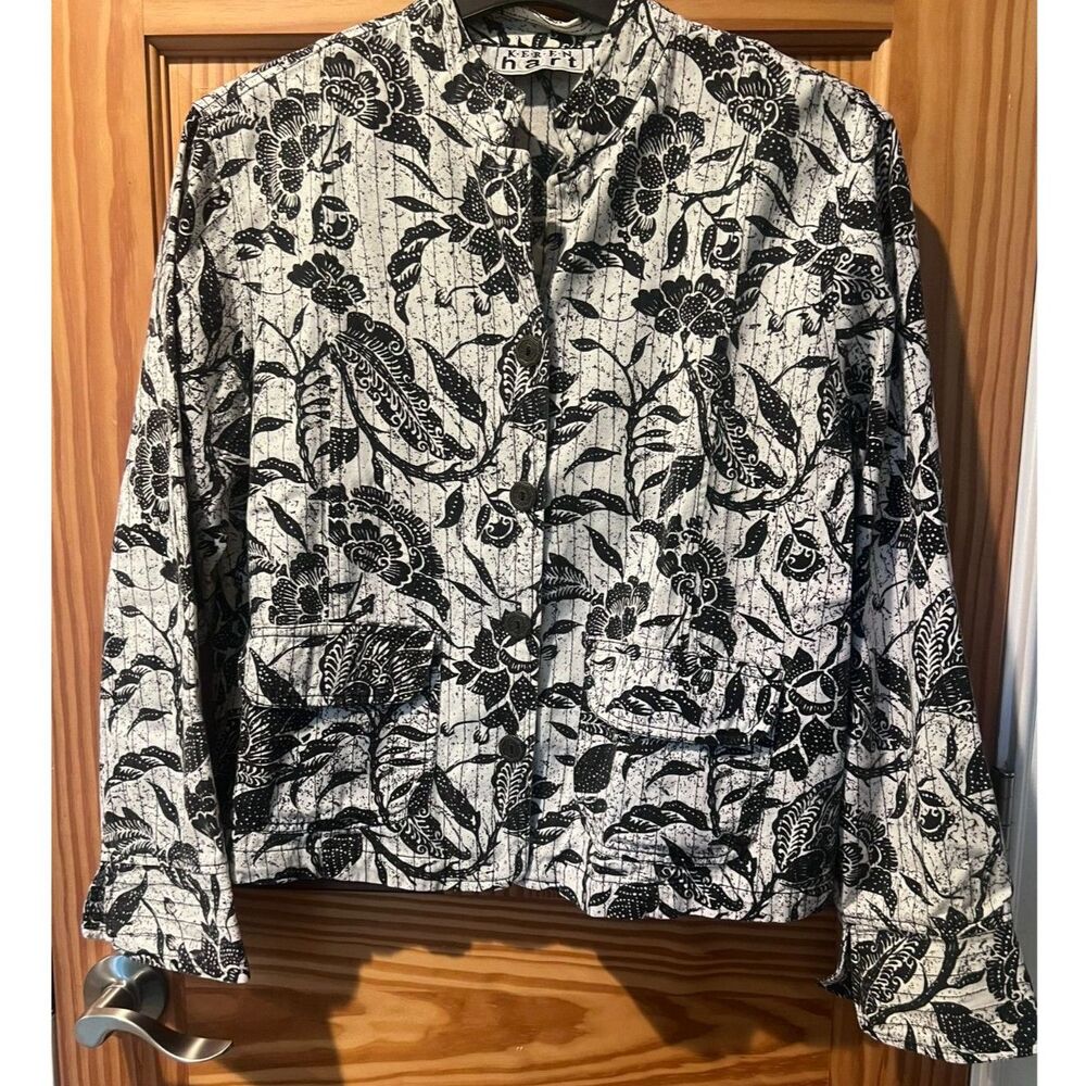 Keren Hart Black White Batik Floral Womens Jacket Large Vintage Boho Quilted